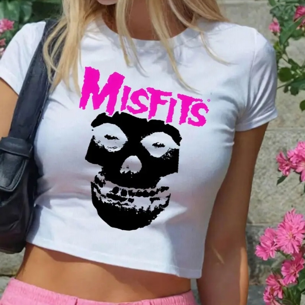 Misfits White Crop Top with Pink Logo
